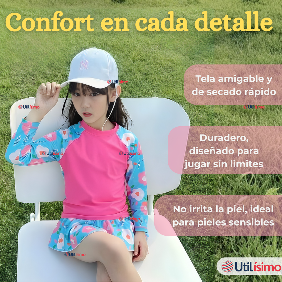 Traje De Baño Manga Larga Estilo Tankini Con Falda Niña 2 a 7 años Pretty Flowers