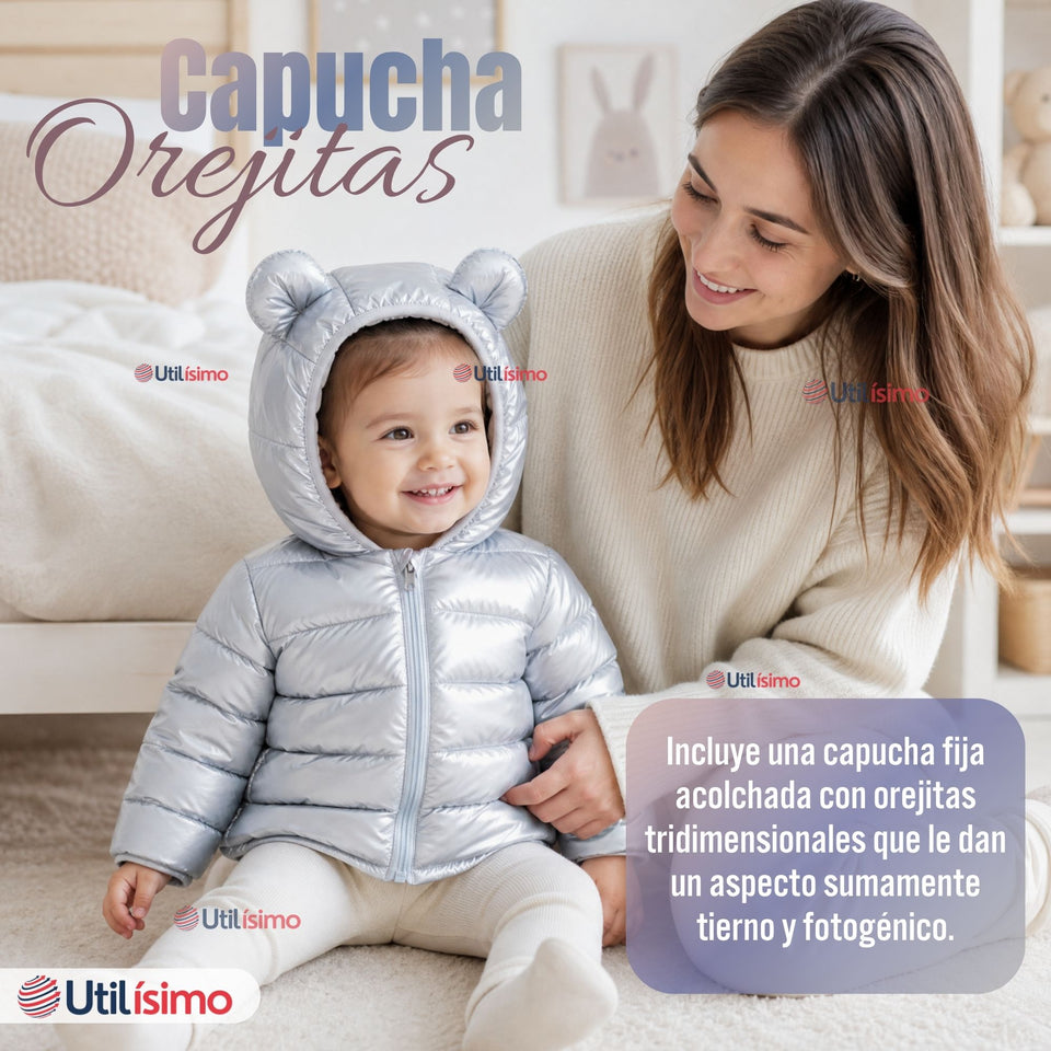 Parka Bebé Niña Celeste Térmica Acolchada Con Orejitas Sweet Sky