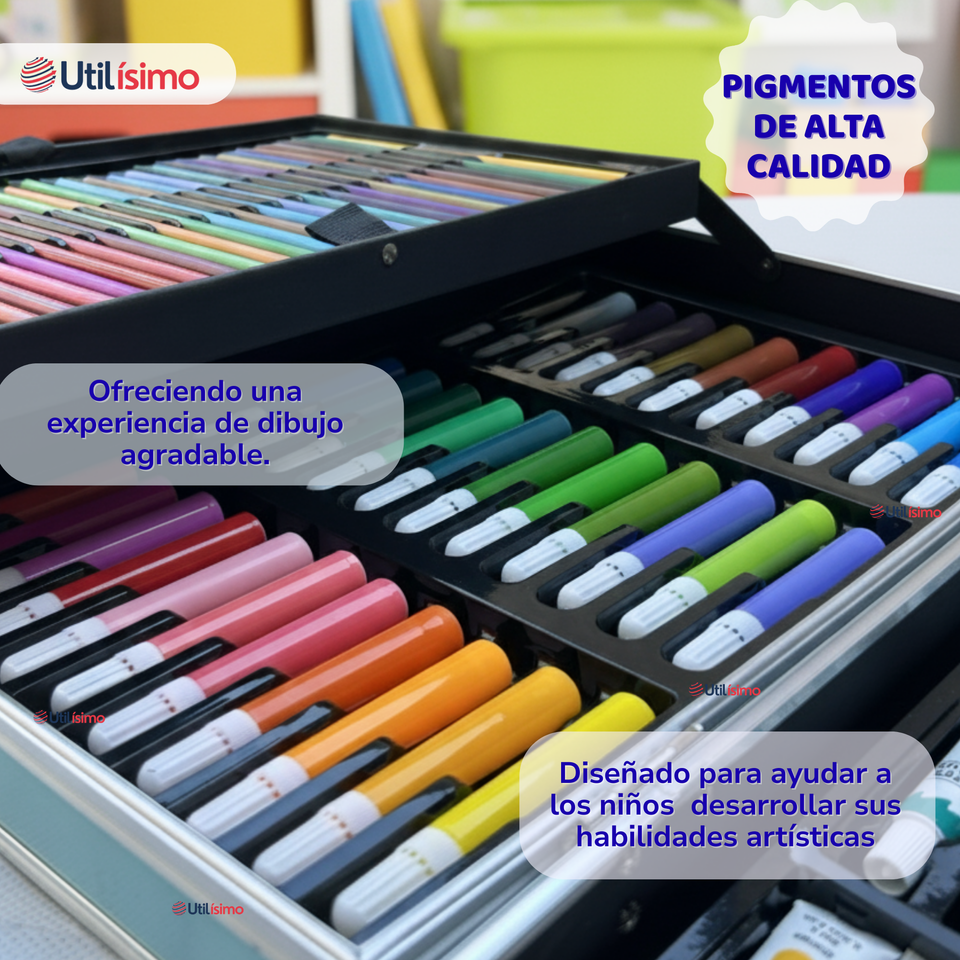 Set 145 Piezas Arte Infantil Dibujo Maletín Metálico Completo Incluye Lápices Marcadores Pinturas Pasteles Y Accesorios