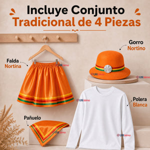 Traje Nortino Niña Naranja 4 Piezas Con Polera Baile Típico Fiestas Patrias