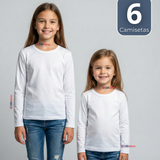 Pack 6 Camisetas Algodón Manga Larga Polera Primera Capa Blanco Niña
