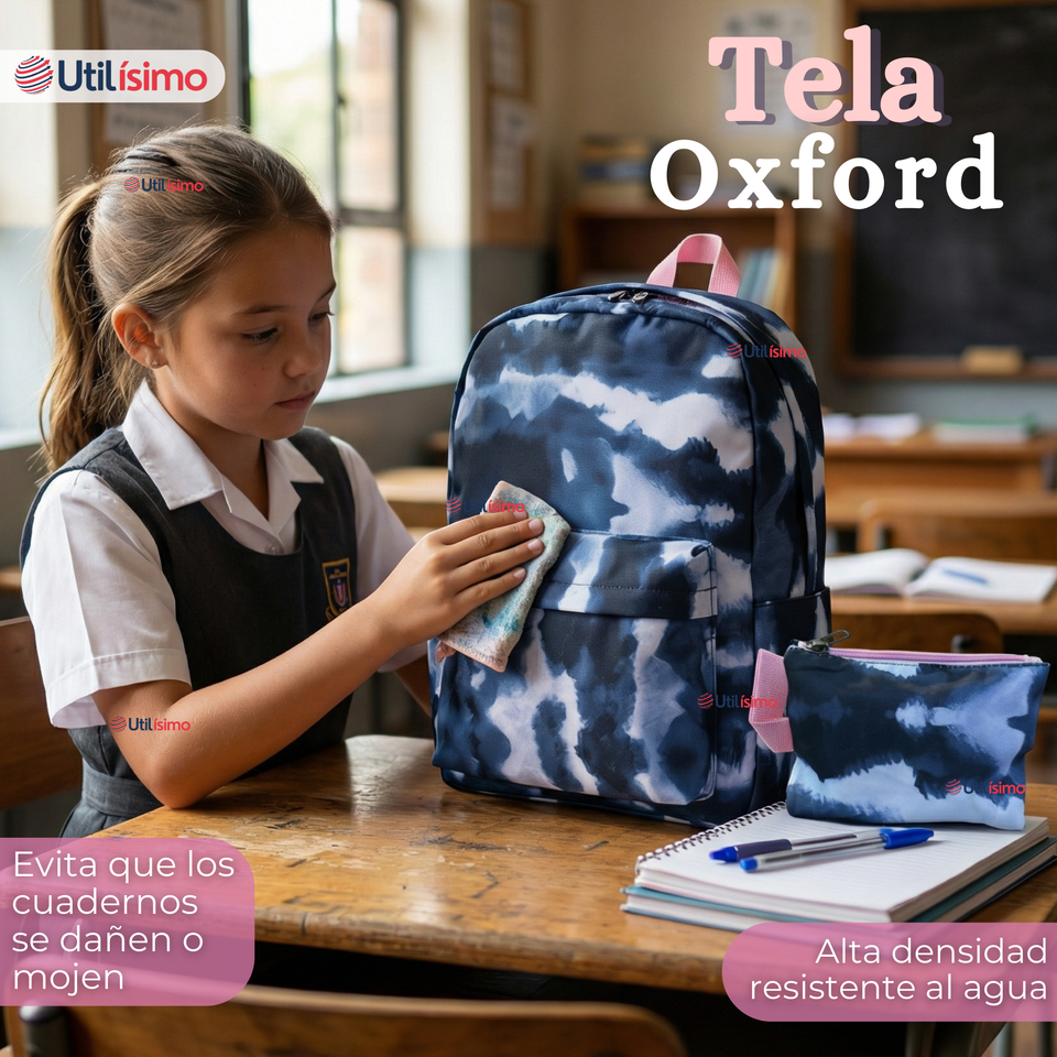 Mochila Escolar + Estuche + Lonchera 43cm Tela Oxford Azul Oscuro Niña