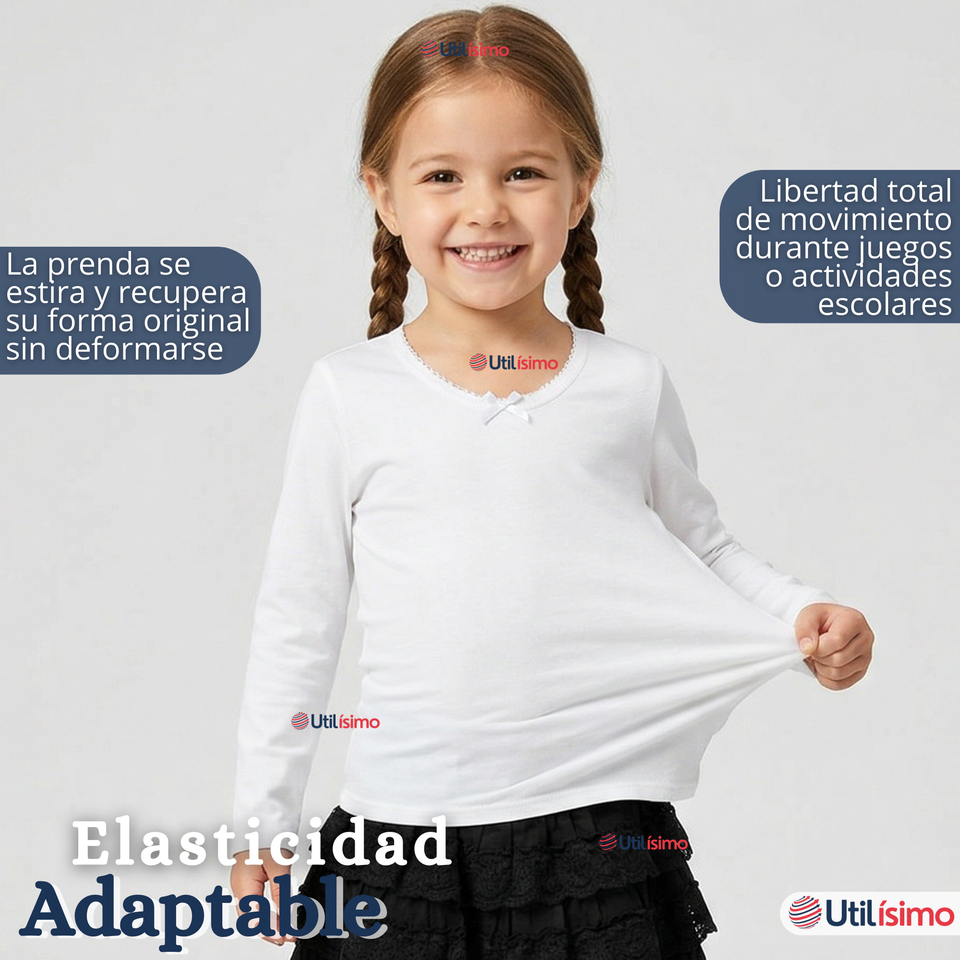 Pack 3 Camisetas Poleras Algodón Cuello Redondo Blanca Primera Capa Manga Larga Niña