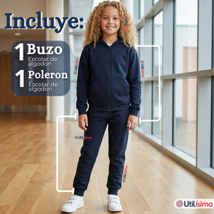 Conjunto Escolar Buzo Pantalón Y Polerón 100% Algodón Unisex Niños Azul 3 a 16 años