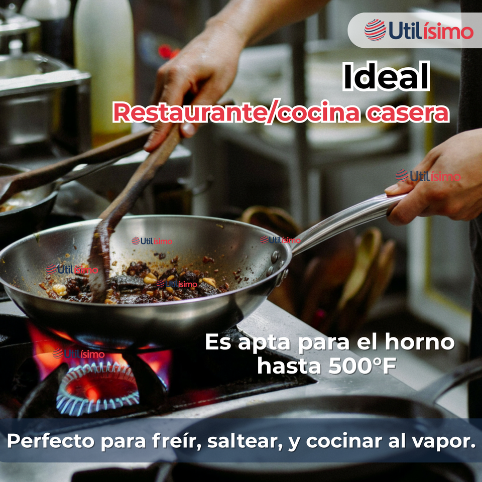 Sartén Wok Acero Inoxidable Antiadherente 34cm +Cuchara de Madera Bambú