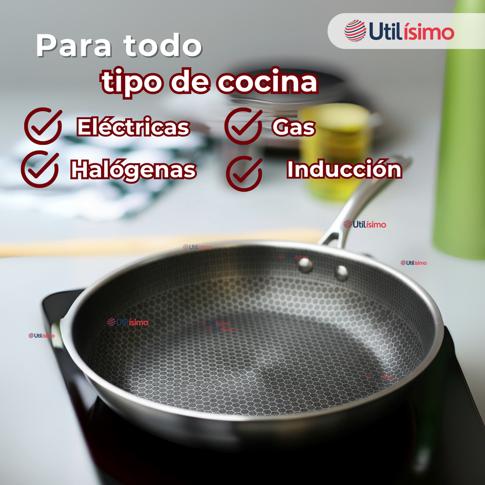 Sartén Acero Inoxidable Antiadherente 24cm +Cuchara de Madera de Bambú