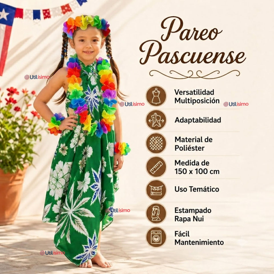 Traje Páscuense Pareo Hawaiano Verde Niña Con Accesorios