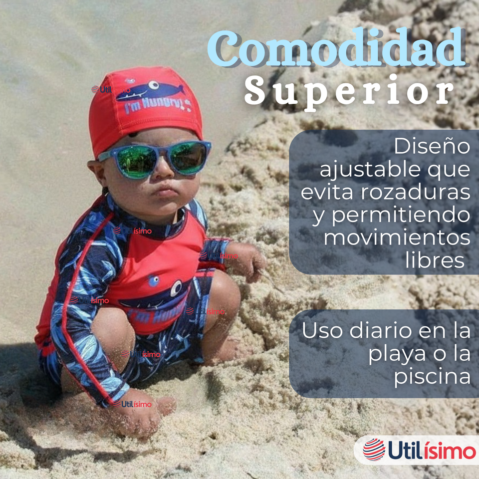 Traje de Baño Con Gorro Pantalón Corto Manga Larga 3 Piezas Corte Split Niño 1 a 5 años Red Whale