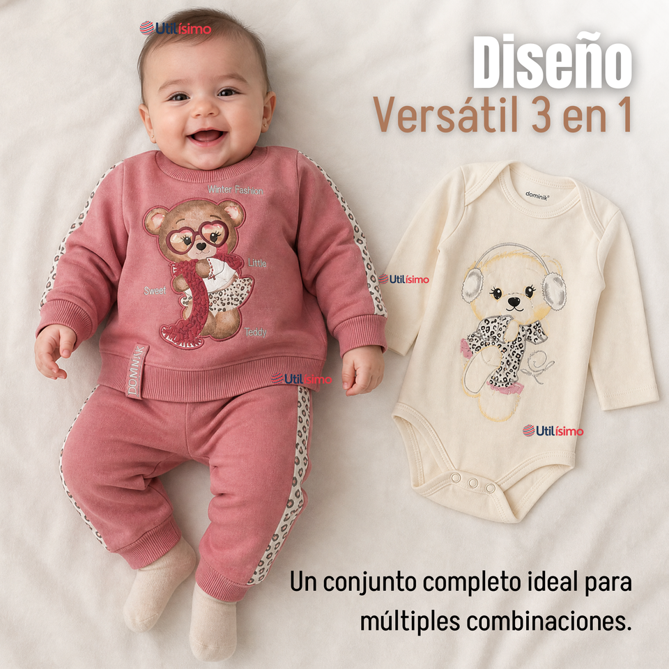 Conjunto 3 Piezas Buzo Pantalón Polerón Body De Algodón Rosado Bebé Niña