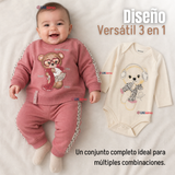Conjunto 3 Piezas Buzo Pantalón Polerón Body De Algodón Rosado Bebé Niña