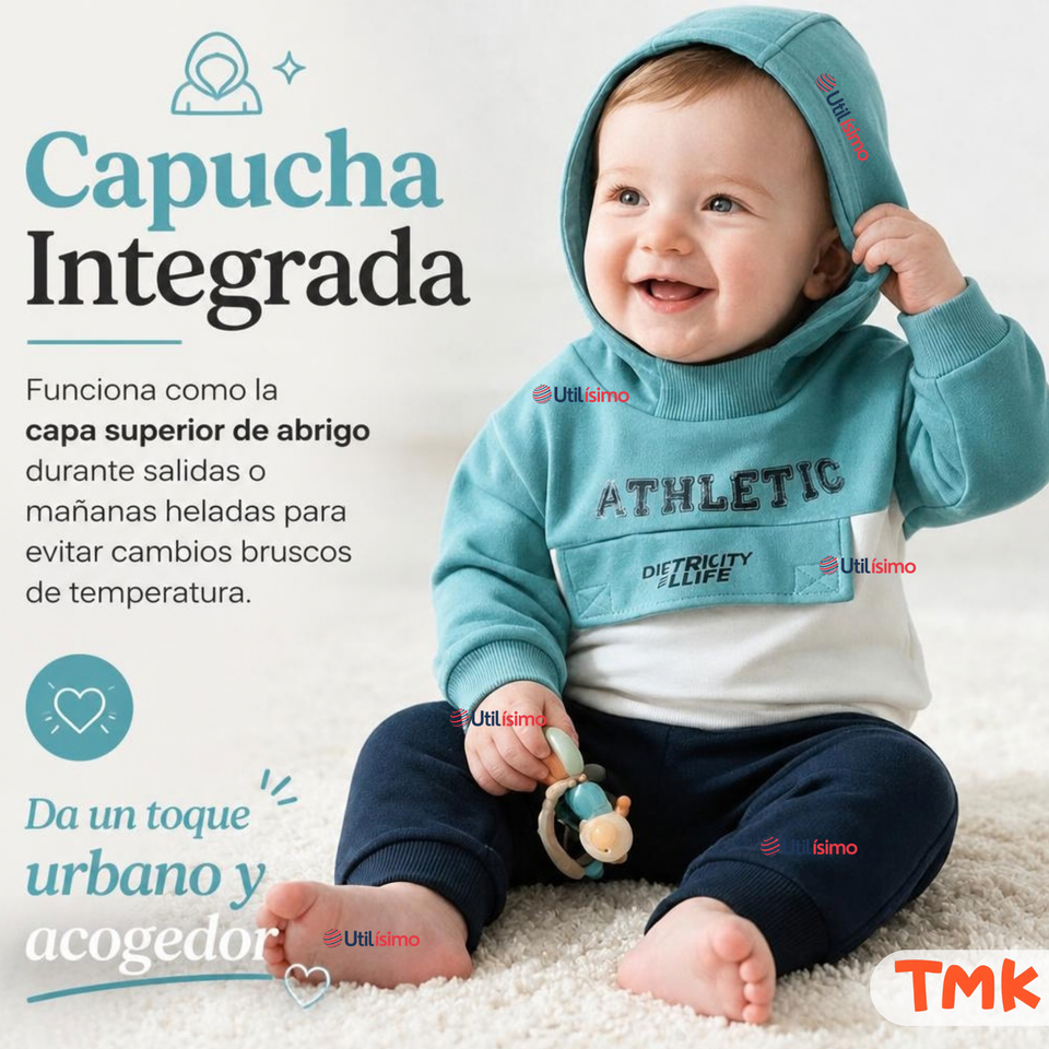 Conjunto 2 Piezas Polerón con Capucha y Pantalón 100% Algodón Bebé Niño Athletic Blue