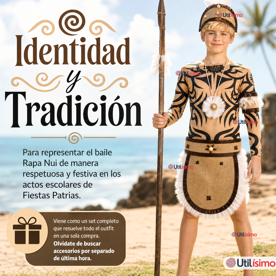 Traje Pascuense Completo 5 Piezas Polera Tatuajes Juvenil Rapa Nui Fiestas Patrias