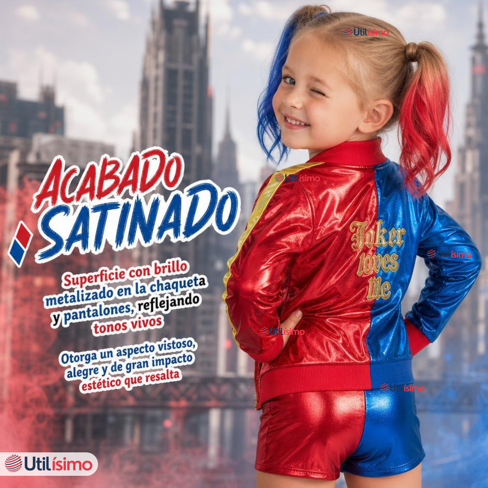 Disfraz Harley Quinn Azul y Rojo Metalizado Cosplay Niña