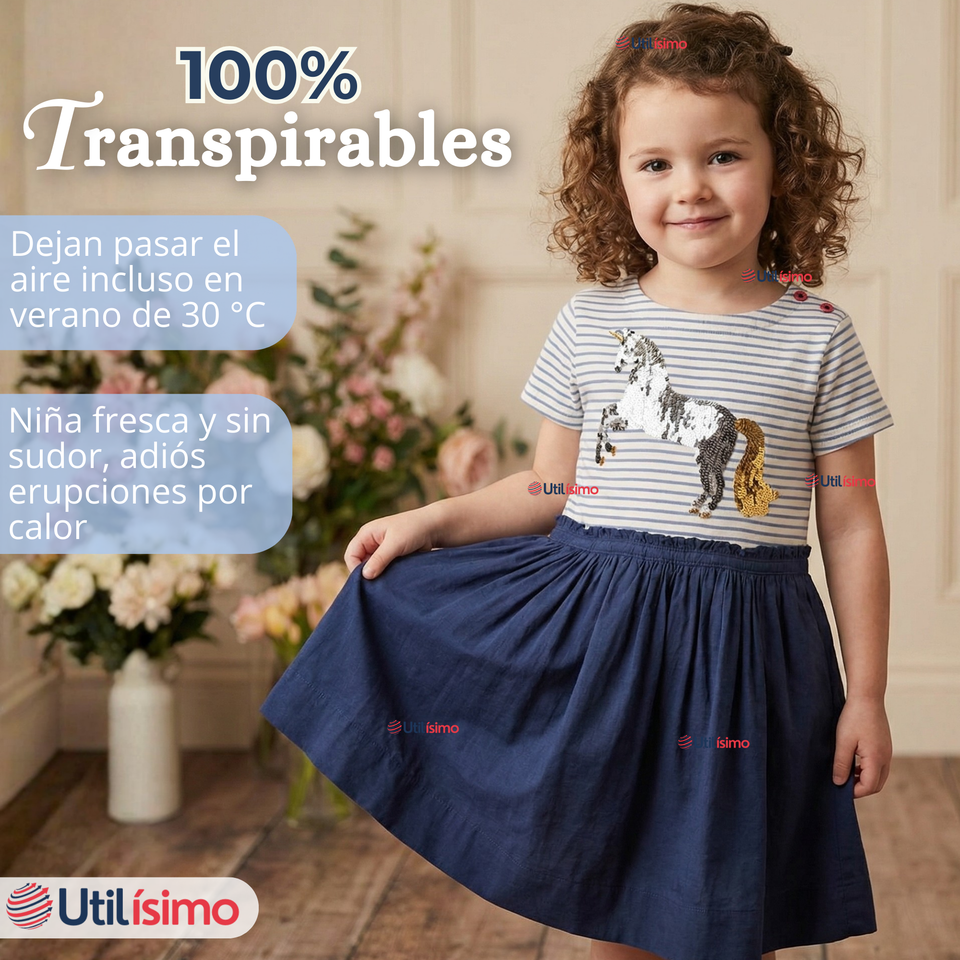 Vestido Manga Corta Casual Azul Unicornio Lentejuela Verano Niña 2 a 7 años