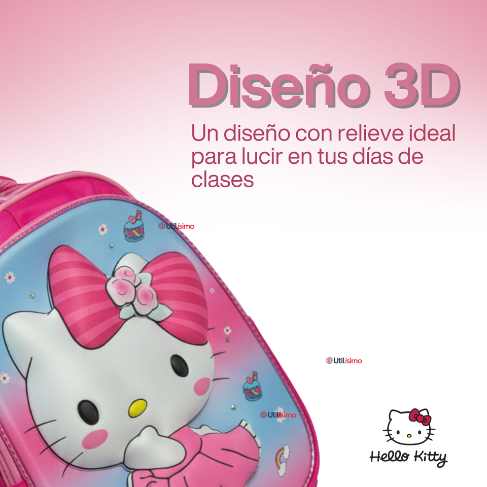 Mochila Escolar Hello Kitty Con Ruedas Desmontables + Estuche + Lonchera Niña Poliéster Pink