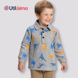 Polera Piqué Manga Larga Niño con Estampado de Dinosaurios Gris