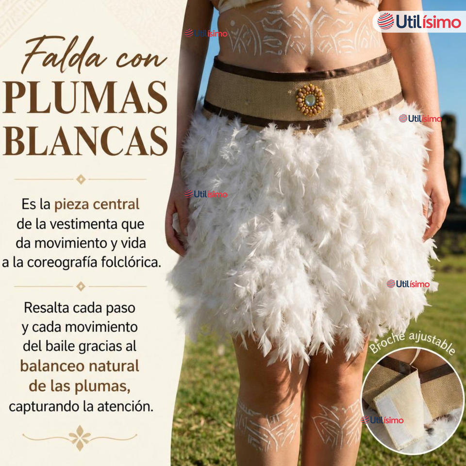 Traje Pascuense Típico Blanco Con Plumas 3 Piezas Juvenil Rapa Nui Fiestas Patrias