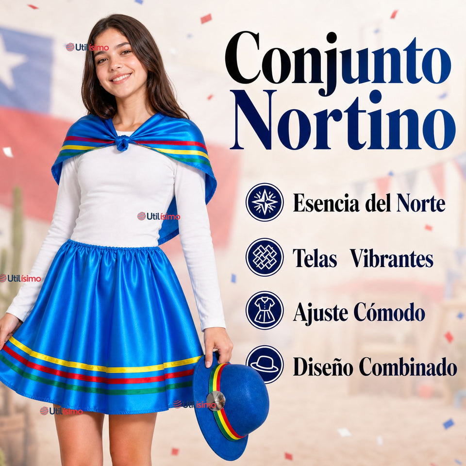 Traje Nortino Juvenil Con Polera 4 Piezas Azul Baile Típico Fiestas Patrias