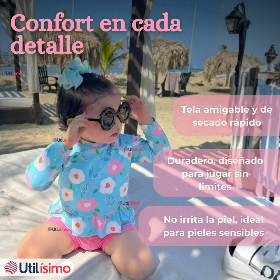 Traje De Baño Manga Larga y Pantalón Corto 2 Piezas Niña de 2 a 7 años Flowers