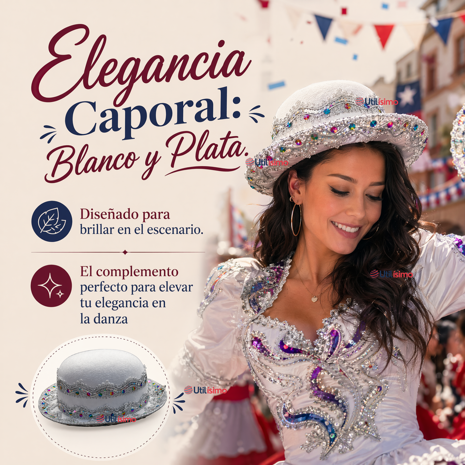 Sombrero Gorro Caporal Mujer Fiestas Patrias Blanco Baile Típico