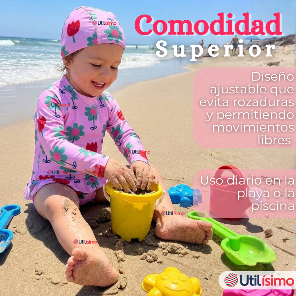 Traje de Baño Enterito Cremallera Manga Larga Con Gorro Niña 1 a 6 años Pink Flowers