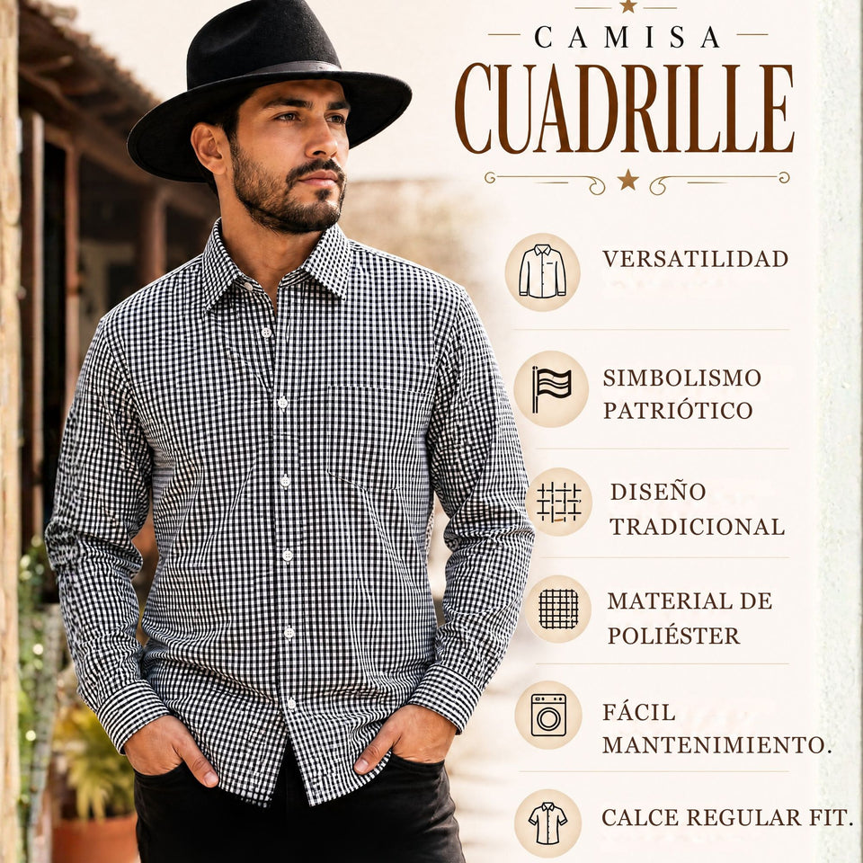 Camisa Cuadrille Huaso Hombre Blanco Azul  Regular Fit Fiestas Patrias