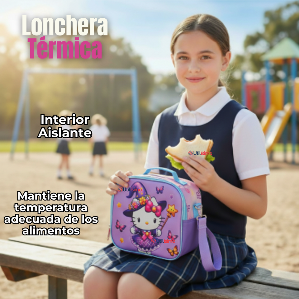 Mochila Hello Kitty Escolar Con Ruedas + Estuche + Lonchera Desmontable Poliéster Lila Niña