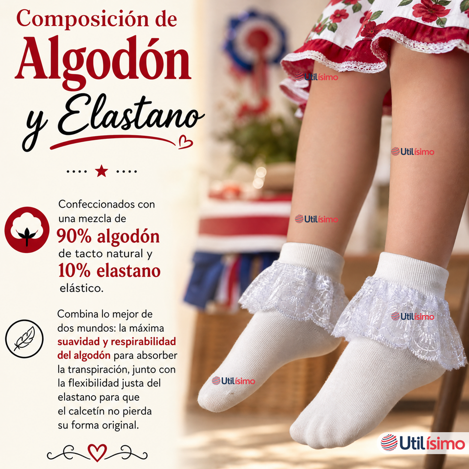 1 Par Calcetines Encaje Vuelos Niña Algodón Fiestas Patrias
