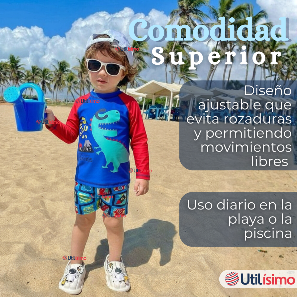 Traje de Baño Manga Larga Pantalón Corto 2 Piezas Corte Split Niño 3 a 9 años Blue Dinosaur