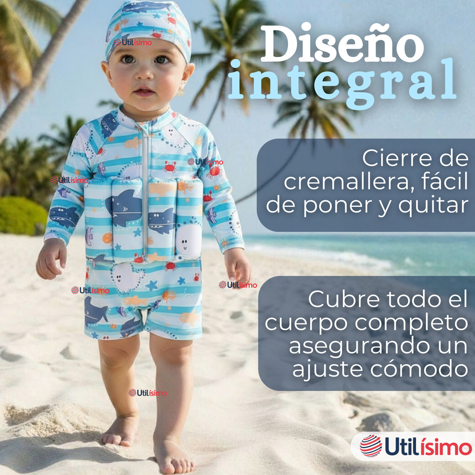 Traje de Baño Flotador Enterito Con Gorro Niño 2 Piezas 9 a 36 Meses Blue Sea