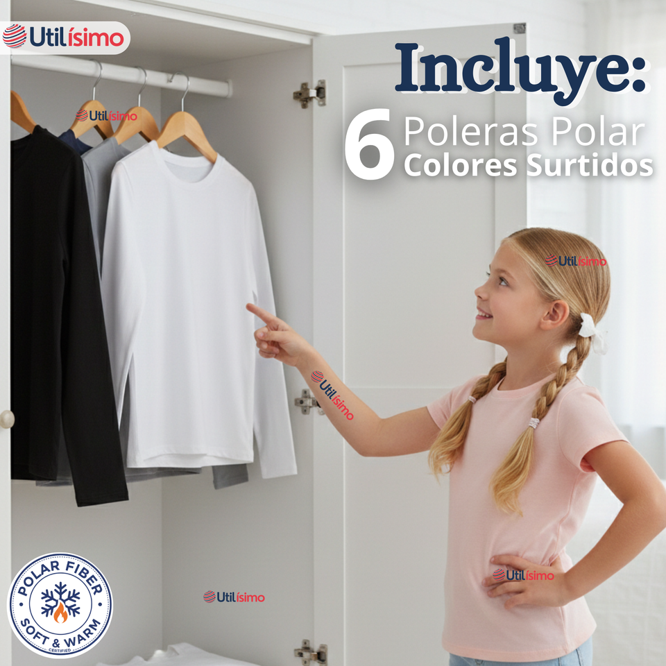 Pack 6 Poleras Camisetas Polar Primera Capa Cuello Redondo Manga Larga Colores Surtido Niña
