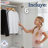 Pack 6 Poleras Camisetas Polar Primera Capa Cuello Redondo Manga Larga Colores Surtido Niña