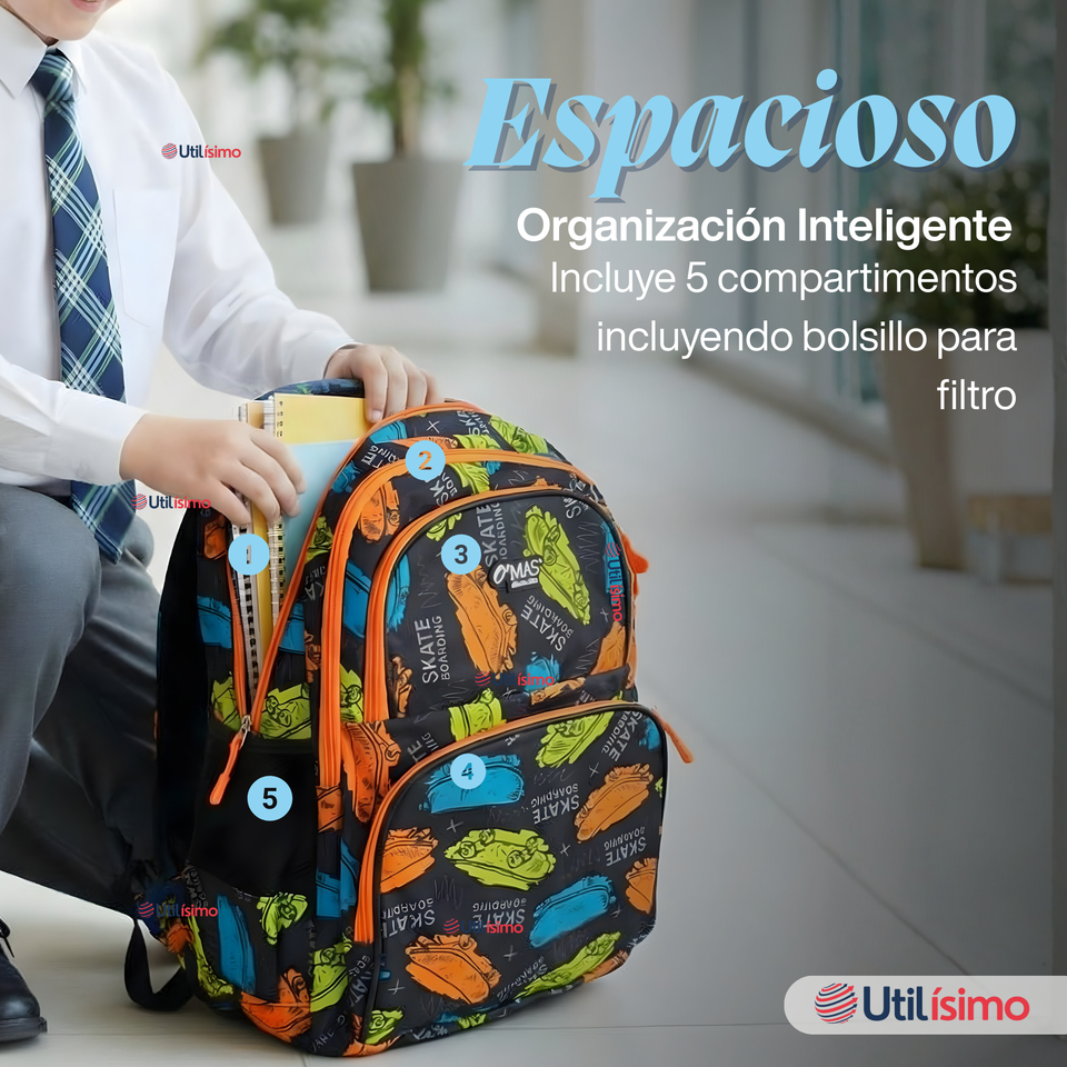 Mochila Bolso Escolar + Lonchera + Estuche 45Cm Niño Tela Oxford Skate