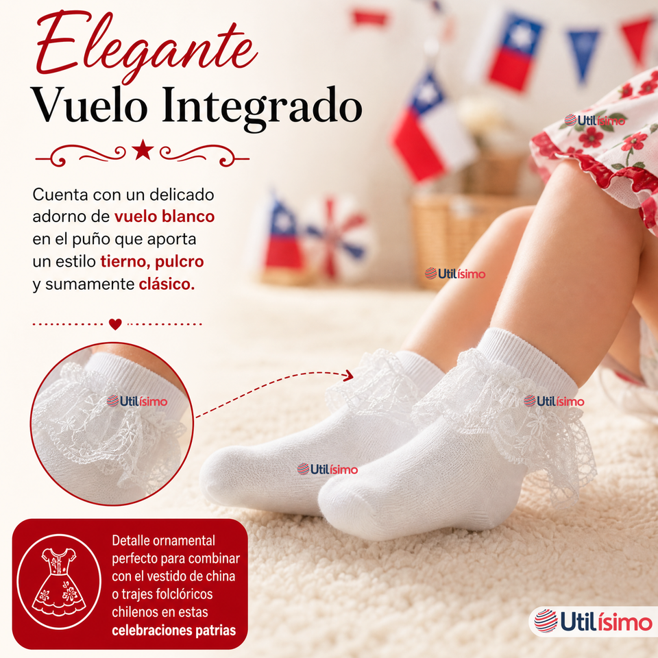 1 Par Calcetines Encaje Vuelos Bebé Algodón Fiestas Patrias Infantil