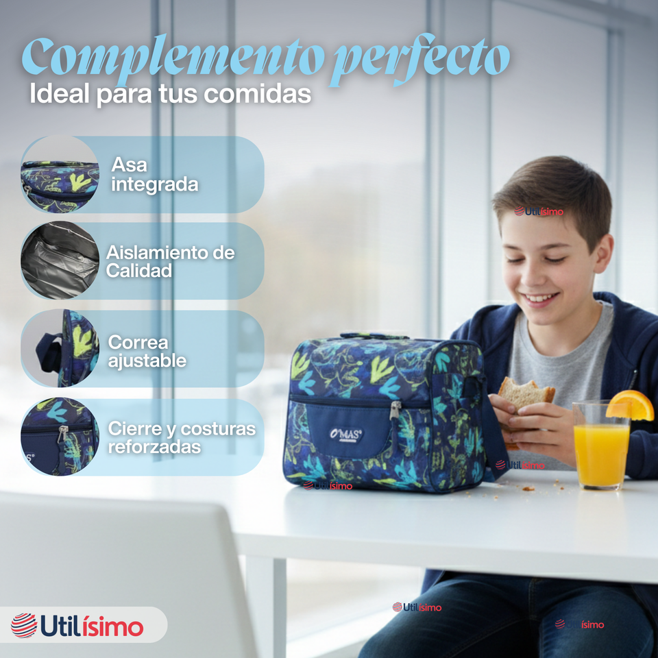 Mochila Bolso Escolar + Lonchera + Estuche 45Cm Niño Tela Oxford Blue Dinosaur
