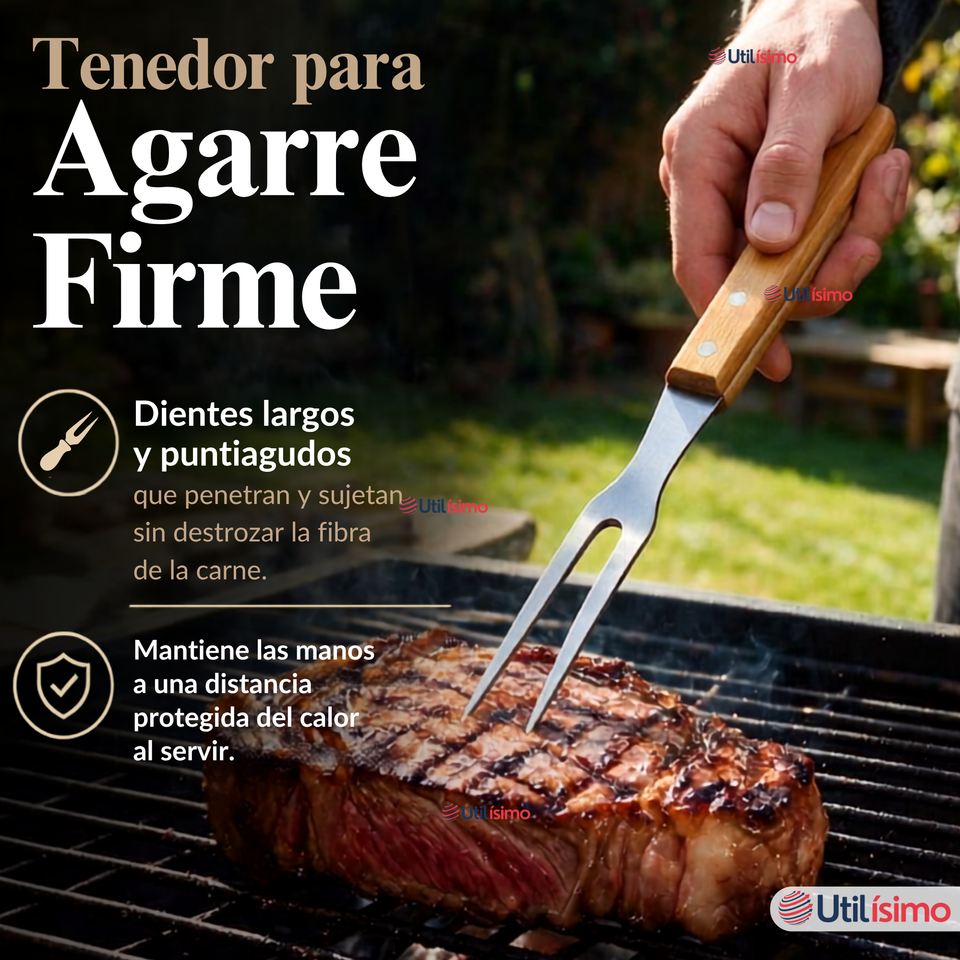 Set Parrilero 4 Piezas Acero Inoxidable Con Estuche Asado Barbacoa Fiestas Patrias