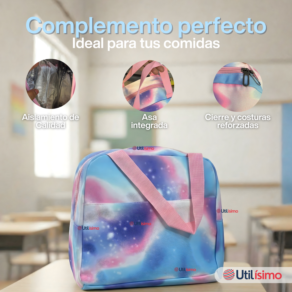 Mochila Bolso Escolar + Estuche + Lonchera 43Cm Niña Tela Oxford Lilac Galaxy