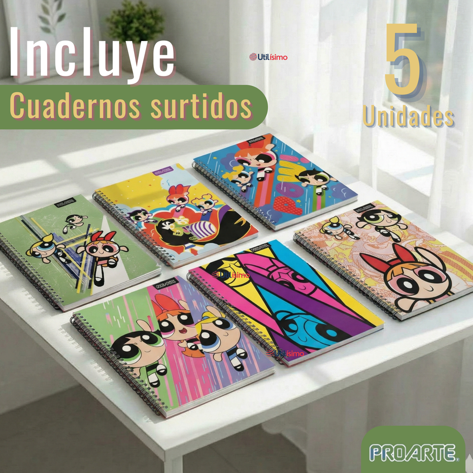 Pack 5 Cuadernos Universitarios Chicas Superpoderosas 100 Hojas Proarte Powerpuff Girls