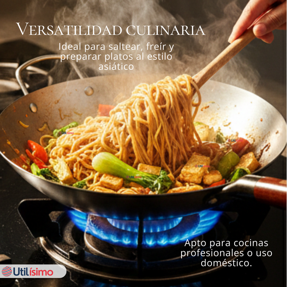 Sartén Wok De Hierro Concavo Con Mango 34cm Plateado
