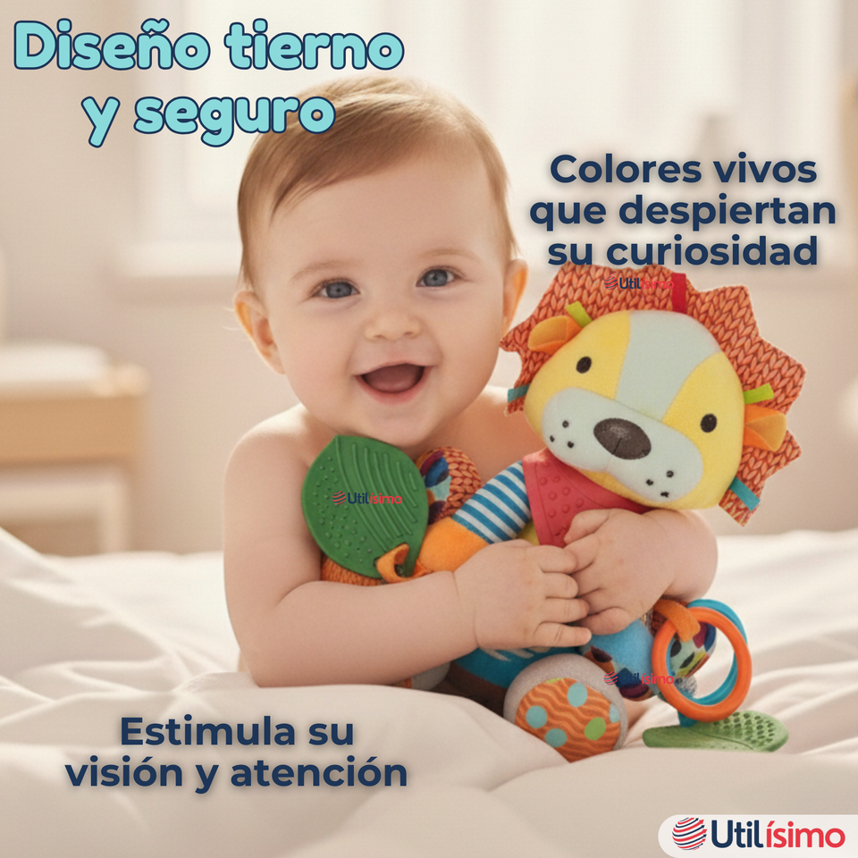 Juguete Peluche Animales Sensorial Con Mordedor Y Sonajero Diseño León Niña y Niño