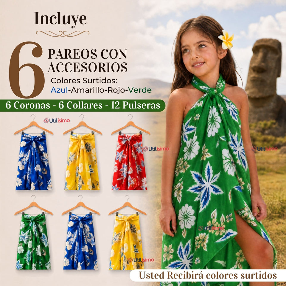 Pack 6 Trajes Páscuense Pareo Hawaiano Surtido Niña Con Accesorios