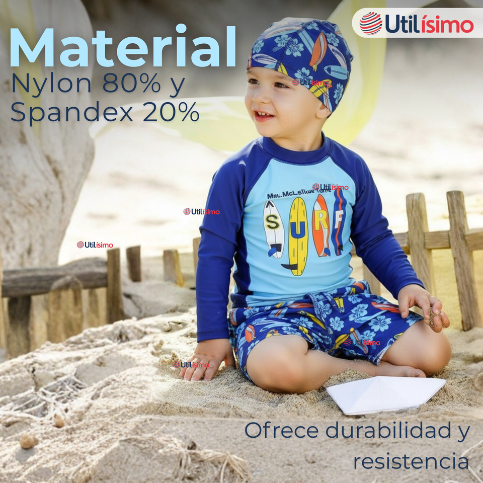 Traje De Baño Manga Larga, Pantalón Corto y Gorro Niño de 3 a 11 Surfboard