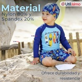 Traje De Baño Manga Larga, Pantalón Corto y Gorro Niño de 3 a 11 Surfboard