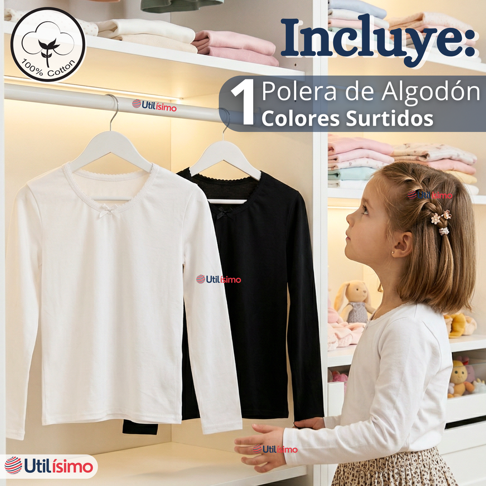Camiseta Polera Algodón Cuello Redondo Primera Capa Manga Larga Colores Surtidos Niña