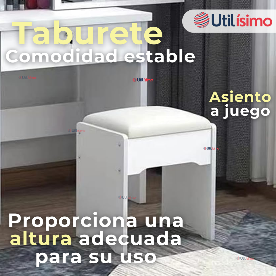 Tocador Y Taburete De Lujo Espejo Ajustable Con Luz Integrada 4 Cajones MDF Blanco 80x40x135cm