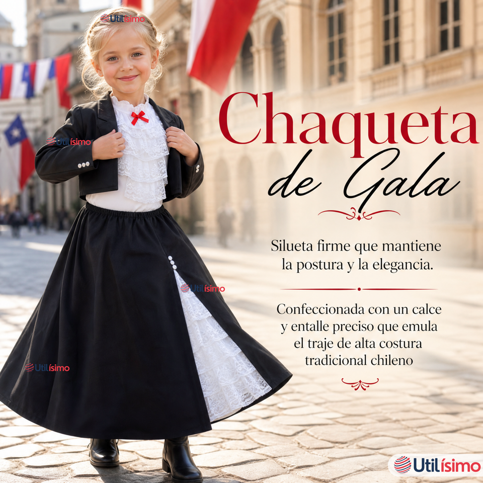 Traje Huasa Elegante NIña Conjunto 4 Piezas Tipico Fiestas Patrias