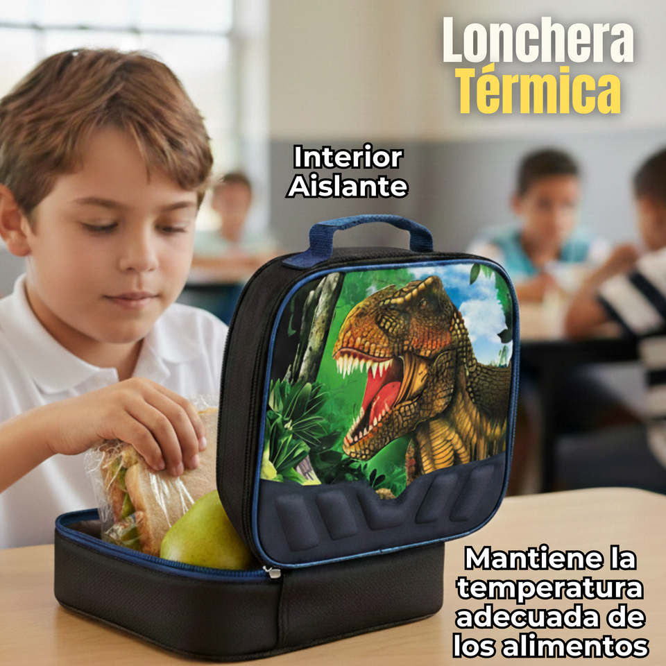 Mochila Escolar Con Ruedas + Estuche + Lonchera Poliéster Dinosaurio Niño
