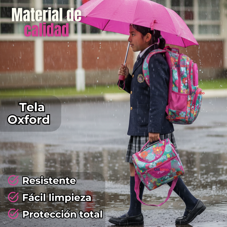 Mochila Escolar Kit Con Estuche y Lonchera 43cm Tela Oxford Niña