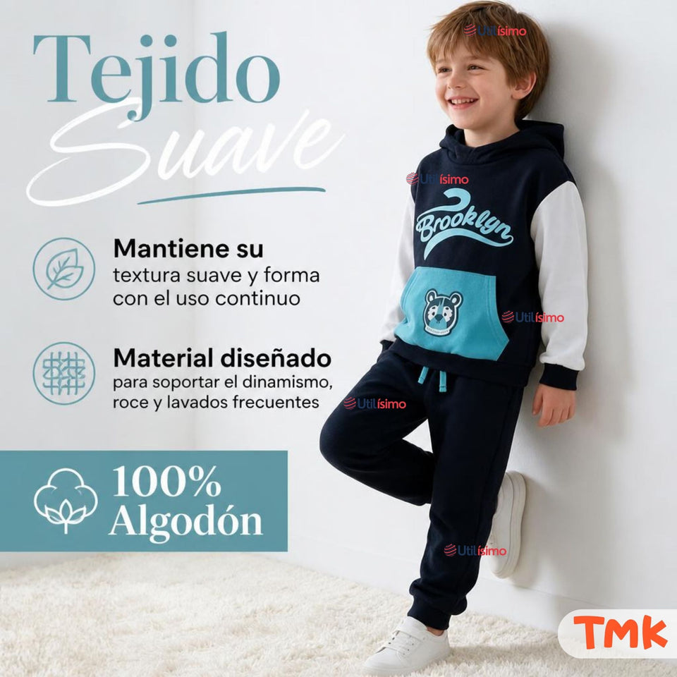 Conjunto 2 Piezas Polerón y Buzo 100% Algodón Tedmimak Niño Brooklyn Blue