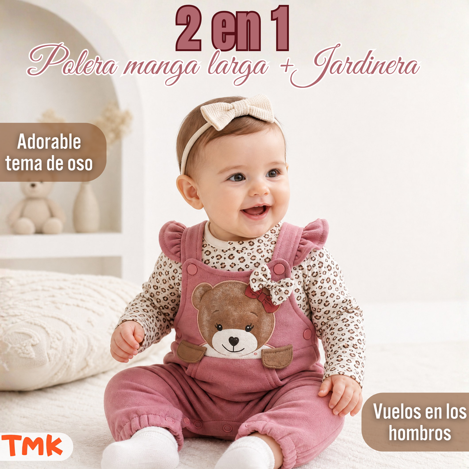 Conjunto 2 Piezas Jardinera Polera Manga Larga 100% Algodón Tedmimak Bebé Niña Jumper